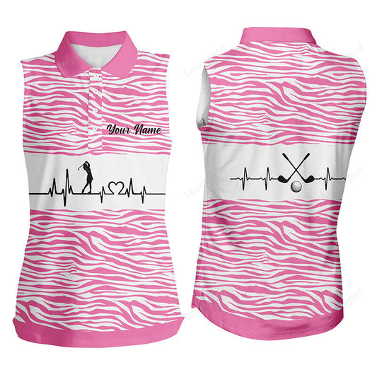 Pink zebra pattern golf girl heartbeat women sleeveless polo shirt, best pink golf shirt for ladies GY3556