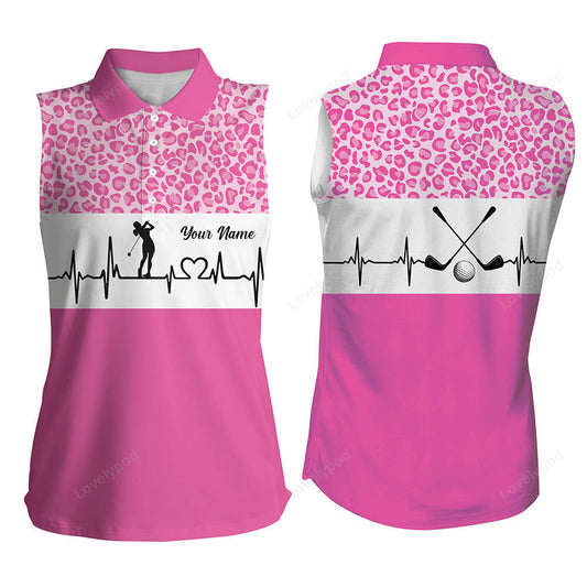 Pink leopard pattern golf girl sleeveless heartbeat women polo shirt, best pink golf shirt for ladies GY3557