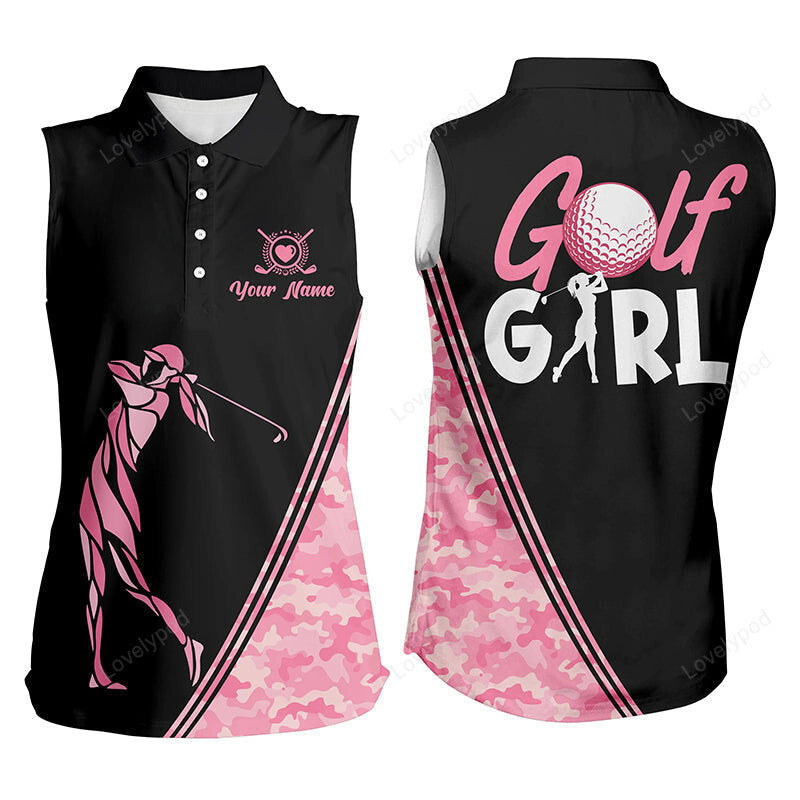 Pink camo pattern women custom name sleeveless polo golf girl shirt, best pink golf shirt for ladies GY3558