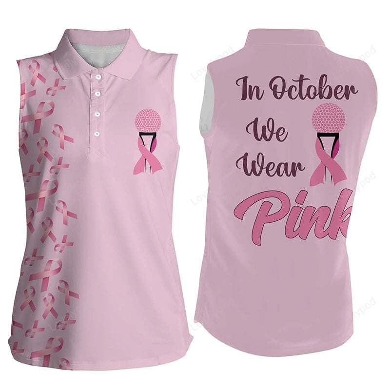 Women sleeveless polo shirt, pink ribbon breast cancer awareness golf shirt for women ladies golf tee GY3559