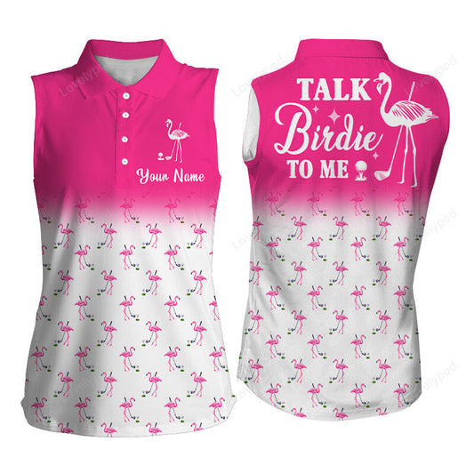 Funny women sleeveless polo shirt, custom pink and white flamingo golf shirts talk birdie to me GY3561