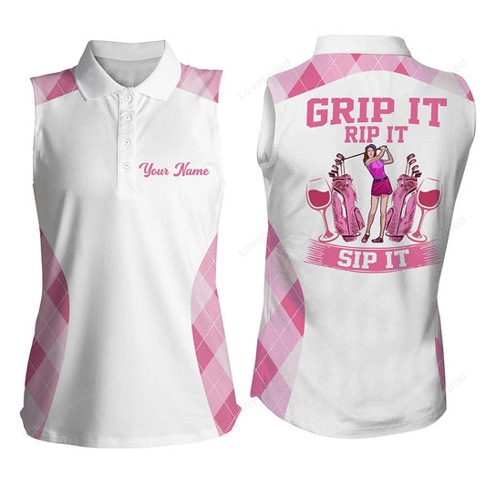 Funny women sleeveless polo shirt custom pink argyle grip it rip it sip it, ladies golf tops GY3562