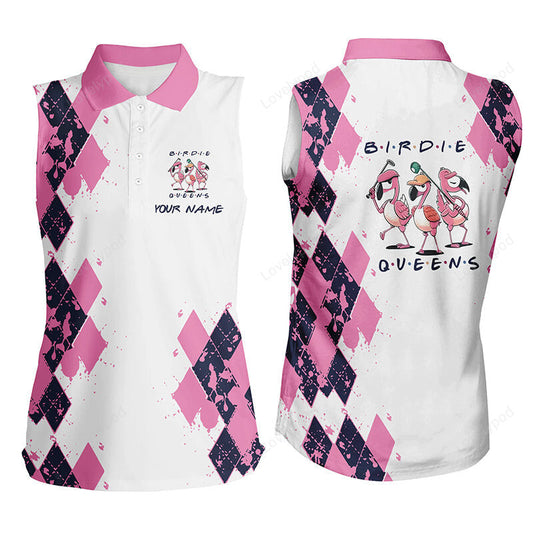 Women sleeveless polo shirt custom name pink argyle pattern birdie queen white golf outfit for women GY3563