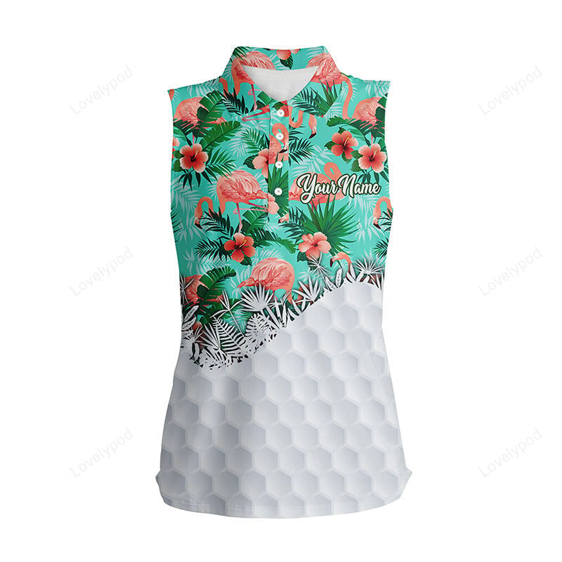 Personalized green tropical pink flamingo pattern womens sleeveless polo shirts ladies golf tops GY3569