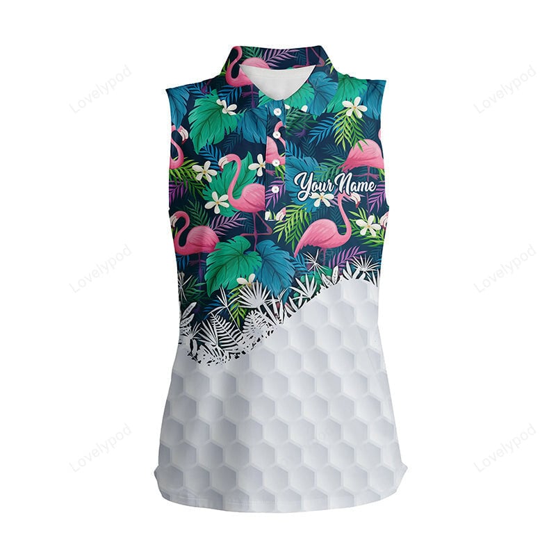 Personalized green tropical colorful flamingo pattern women sleeveless polo shirts ladies golf tops GY3571