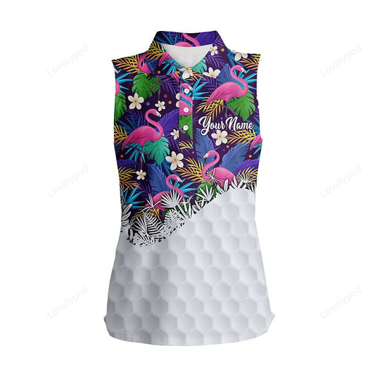 Personalized tropical colorful flamingo pattern women sleeveless polo shirts, ladies golf tops GY3572