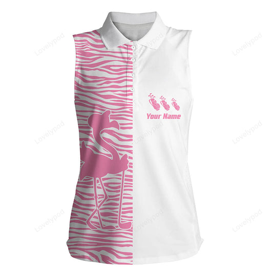 Pink zebra pattern flamingo women sleeveless polo shirt, custom name white team golf shirts ladies GY3574