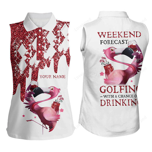 Women sleeveless polo pink glitter flamingo custom weekend forecast golfing with a chance of drinking GY3575