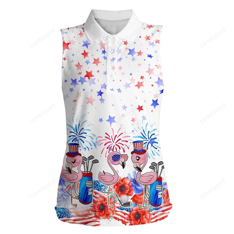 American flag womens sleeveless polo shirt, patriotic pink flamingo white ladies golf tops GY3578