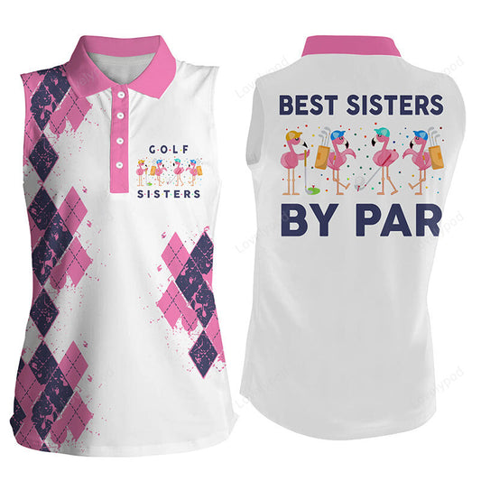 White women sleeveless polo shirt, best sisters by par funny flamingo golf shirt GY3579