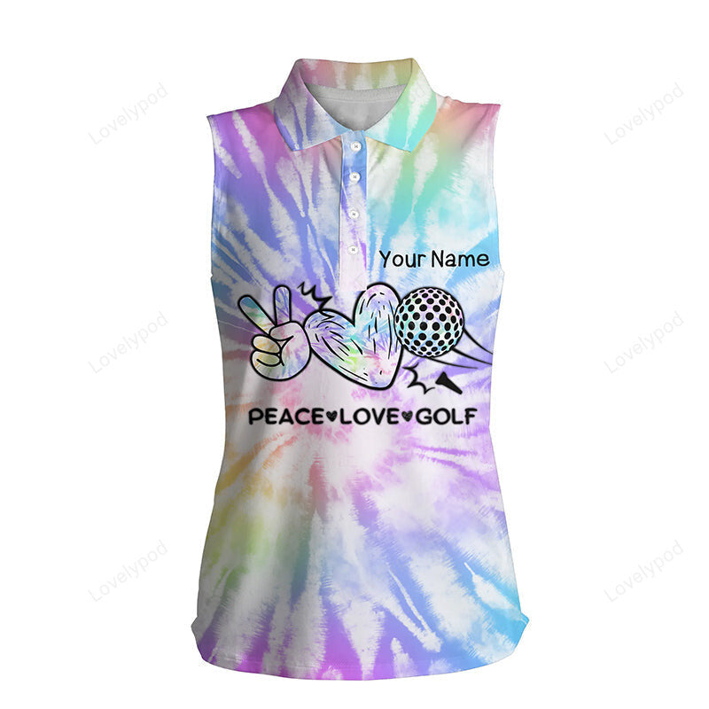 Women sleeveless polo shirt, tie dye pattern custom peace love golf, personalized golf shirt for women GY3580