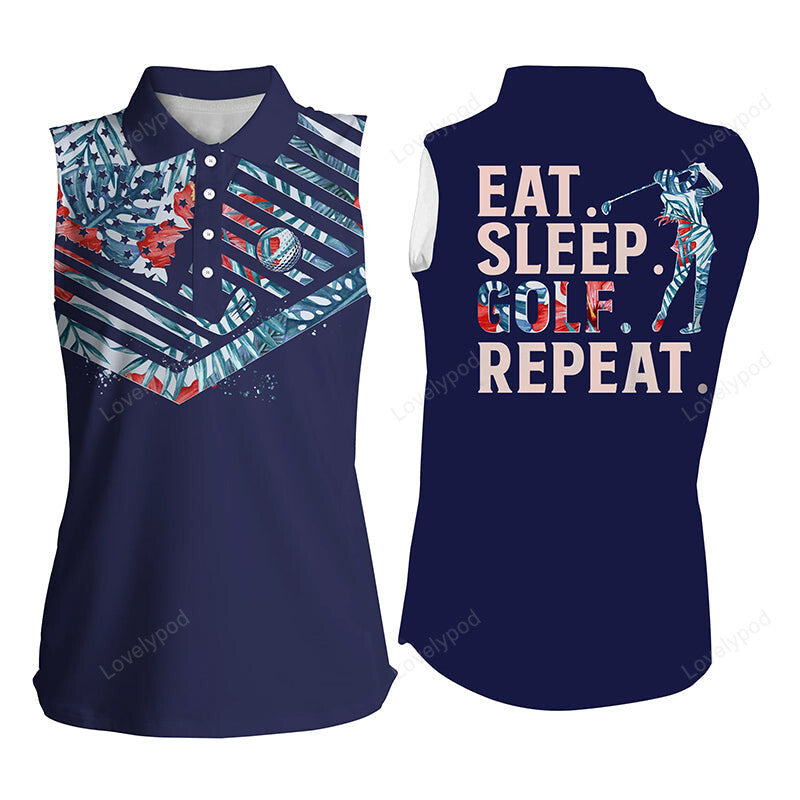 Hibiscus flower tropical american flag women sleeveless polo shirt, eat sleep golf repeat golf tops GY3586