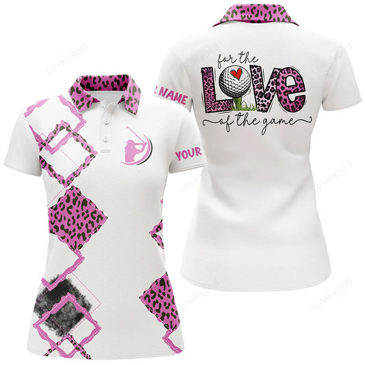 White women golf polo shirts, custom name for the love of the game pink leopard golf shirts GY3591