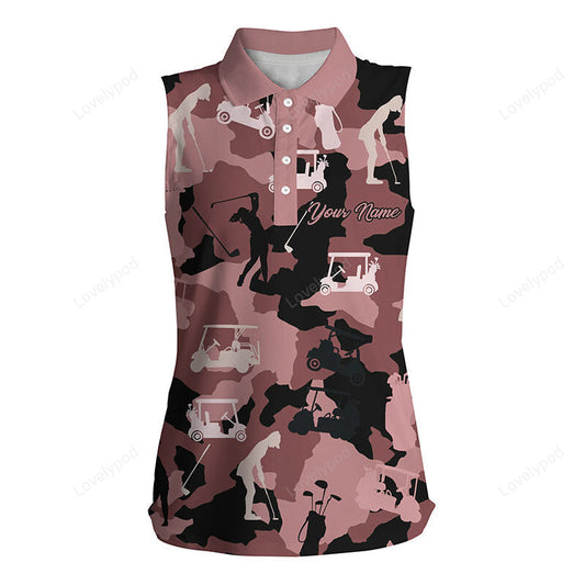 Women's sleeveless golf polo shirt, custom name black and pink golf camo ladies golf sleeveless GY3593