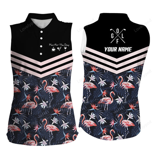 Plan for the day coffee golf wine custom women sleeveless polo shirts, tropical leaf flamingo pattern GY3596