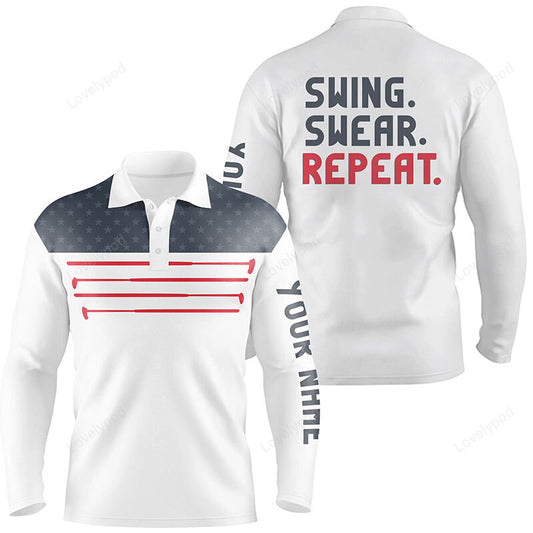 Mens golf long sleeve polo shirt custom swing swear repeat american flag white golf shirt GY3599