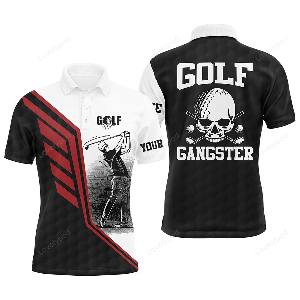 Black white men golf long sleeve polo shirt, custom golf gangster golf ball golf polos for men GY3600