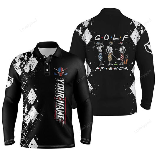 Black golf shirt men skull golf clubs, custom name skull golf friends team men polo golf shirts GY3605