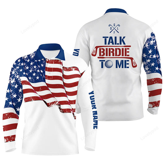 Funny men golf polo shirt, custom american flag patriotic white golf shirts, talk birdie to me GY3606