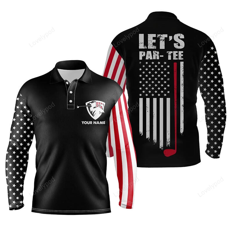 American flag golf long sleeve polo shirt for men, custom let's par tee patriotic mens golf shirts GY3613