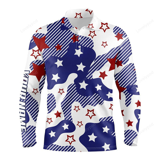 Men golf polo shirts, red white and blue star pattern custom golf shirt for men GY3617