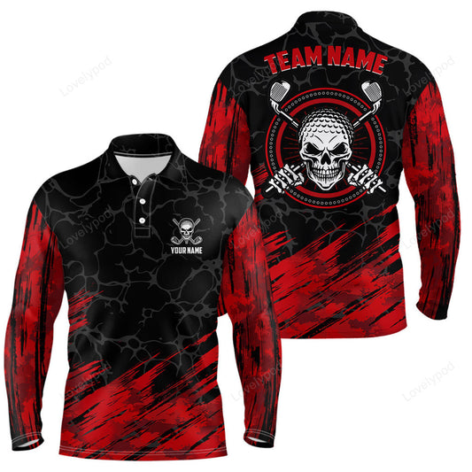 Personalized 3d all over print skull men golf long sleeve polo shirt, red and black golf shirts for men GY3620