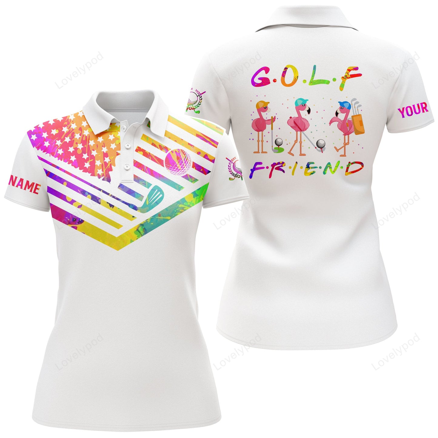 Funny women golf polo shirt, watercolor american flag flamingo golf friend custom name white golf shirt GY3622