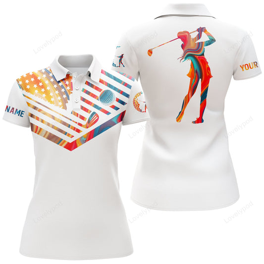 Women golf polo shirt, watercolor american flag custom name white golf shirt GY3623