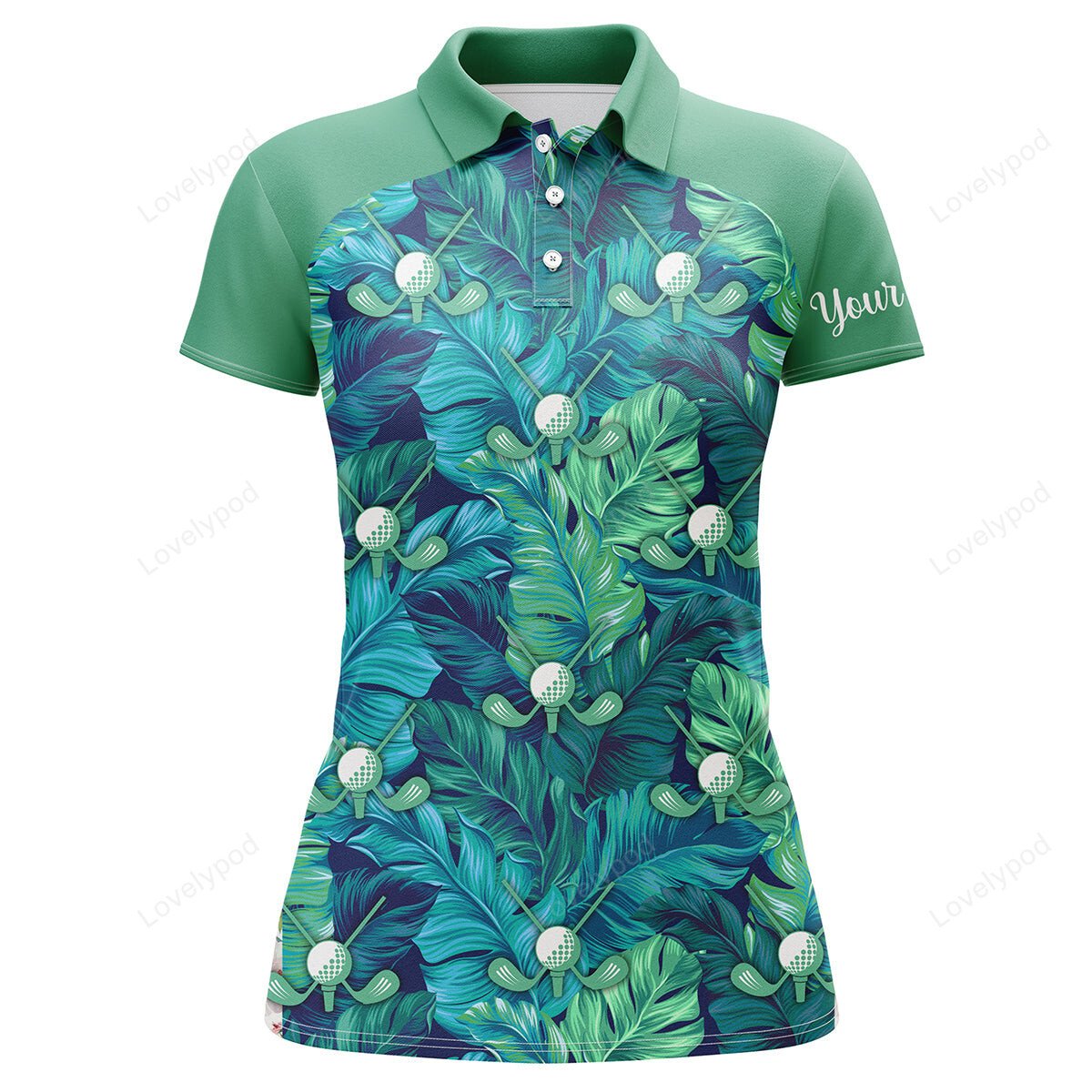 Women golf polo shirt, green tropical leaves custom name green golf polo shirts, golfing gift GY3625