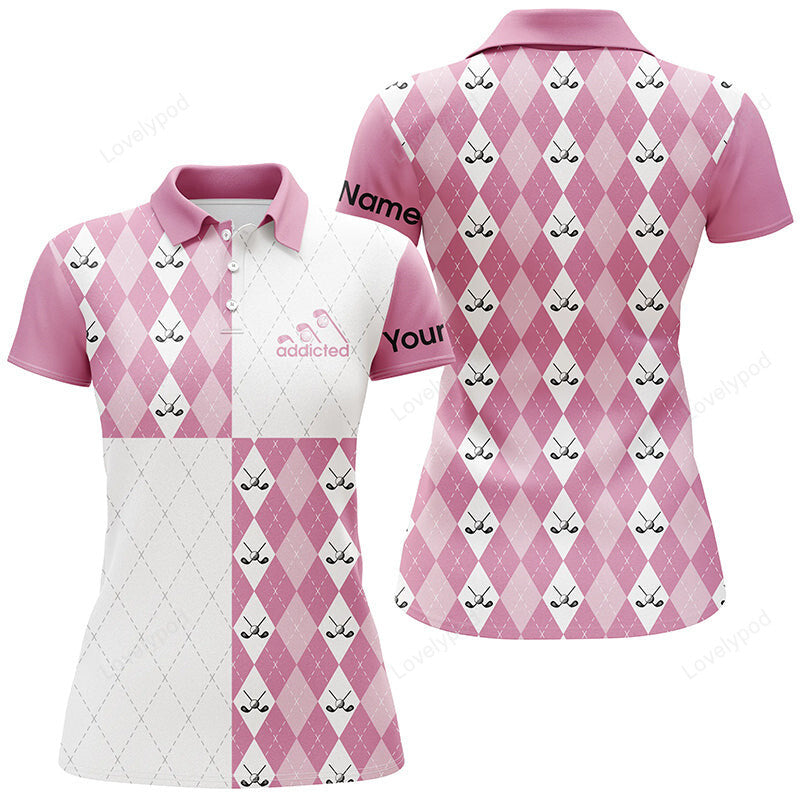 Golf addicted women golf polo shirts, custom name pink white golf ball clubs pattern, team golf shirts GY3632