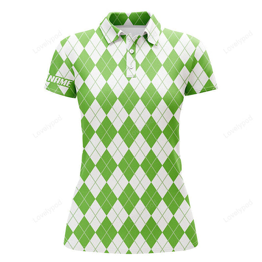 Plaid green and white argyle pattern women golf polo shirt, custom name golf gifts for women GY3633