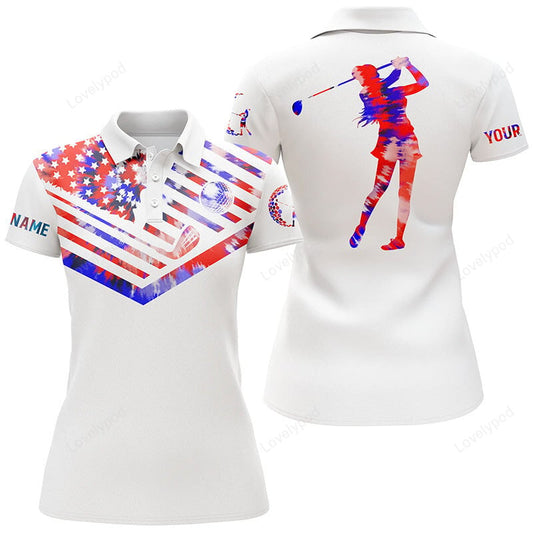 Women golf polo shirt, red blue tie dye american flag custom patriotic golf shirt GY3637