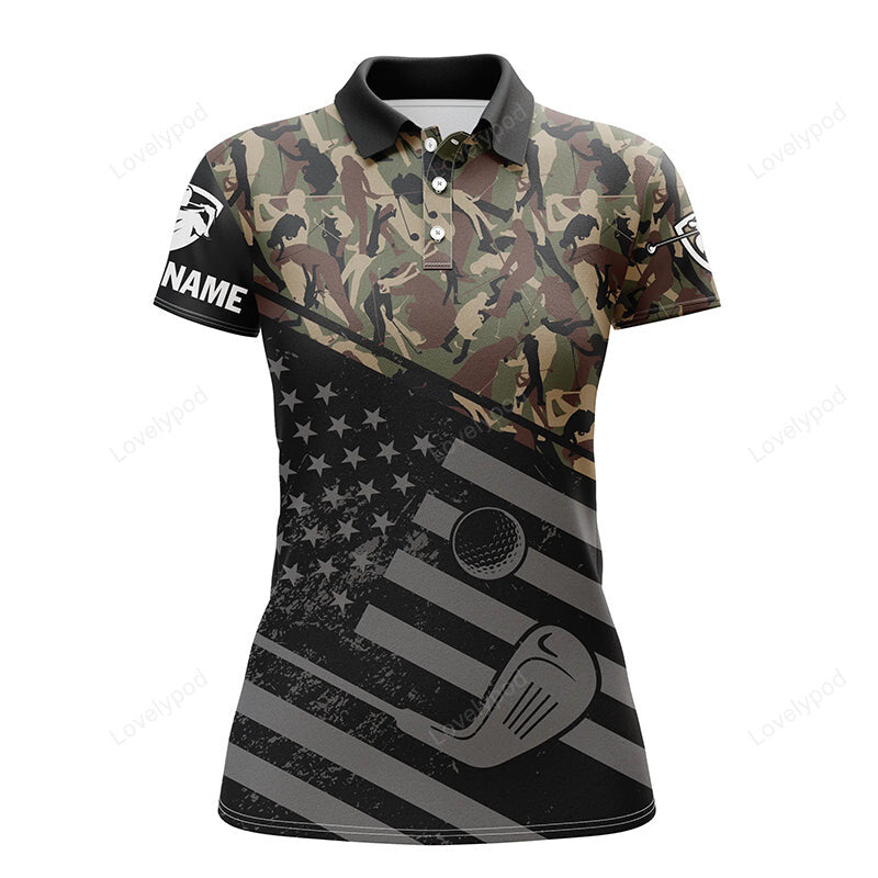 Black american flag patriotic green camo polo custom name golfing gifts GY3638