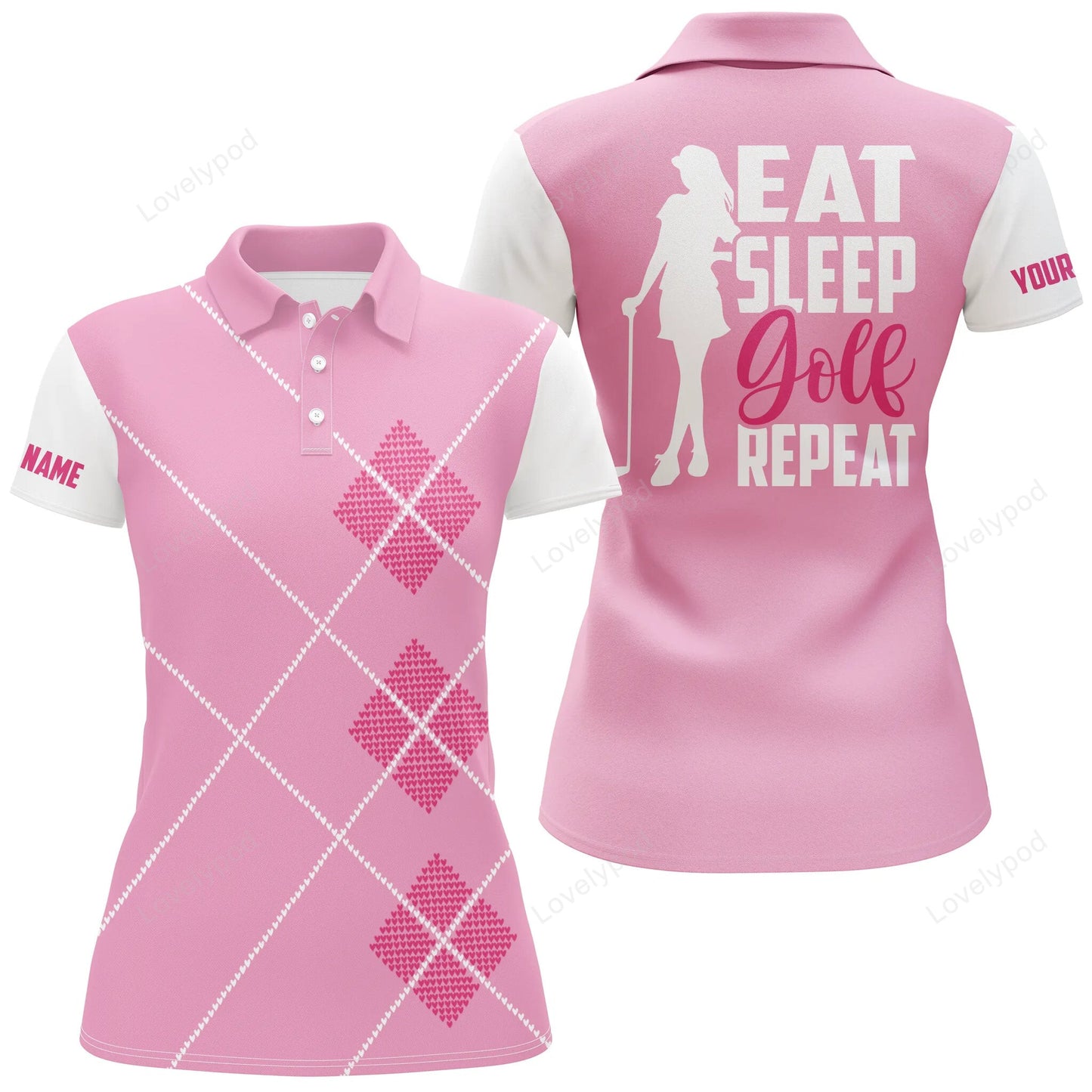 Women golf polo shirt, custom name eat sleep golf repeat pink argyle pattern ladies golf top for women GY3639