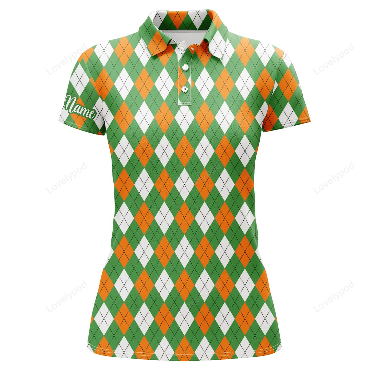 Women golf polos shirts custom green, orange, argyle plaid pattern golf shirts GY3641