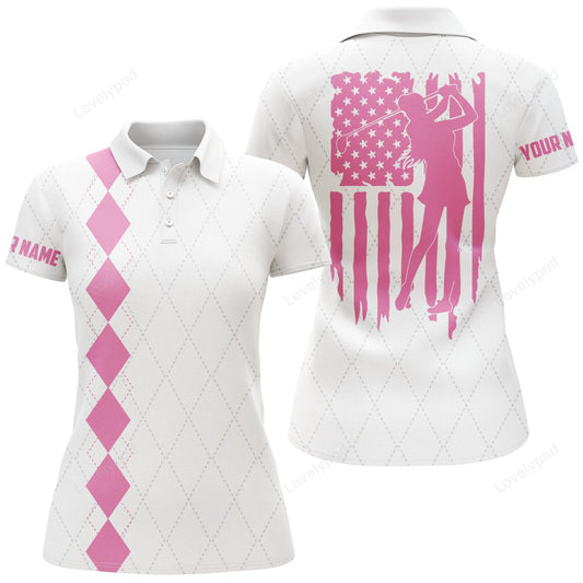 Women golf polo shirt, pink american flag patriotic golf shirts, custom name golf gifts GY3646