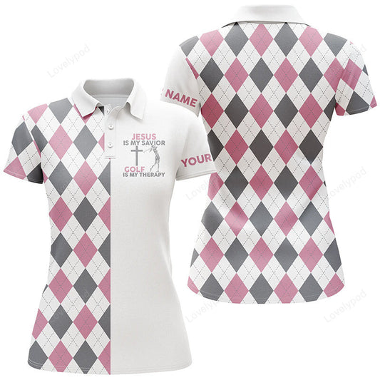 Women golf polo shirt, jesus is my savior golf is my therapy custom pink argyle plaid ladies golf tops GY3648