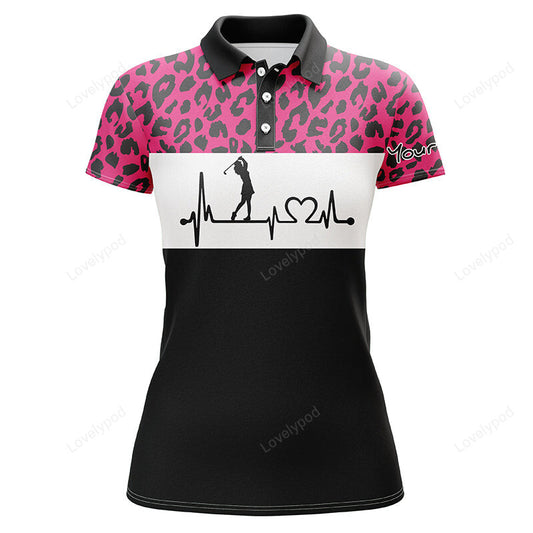 Women golf polo shirt, custom name pink leopard pattern golf heartbeat, golfing gifts for women GY3649