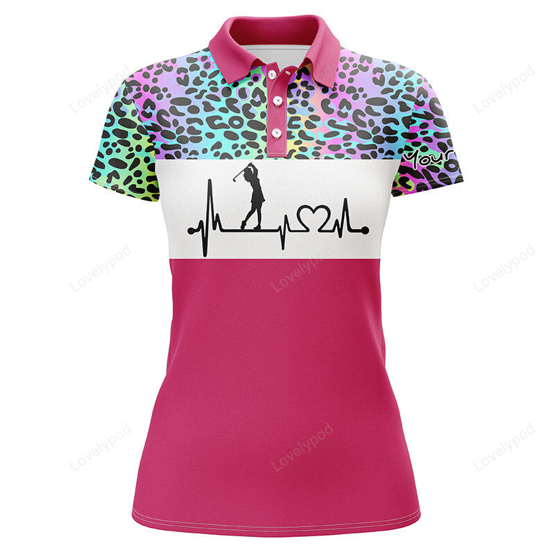 Women golf polo shirt, custom name rainbow gradient leopard golf heartbeat, golfing gifts for women GY3650