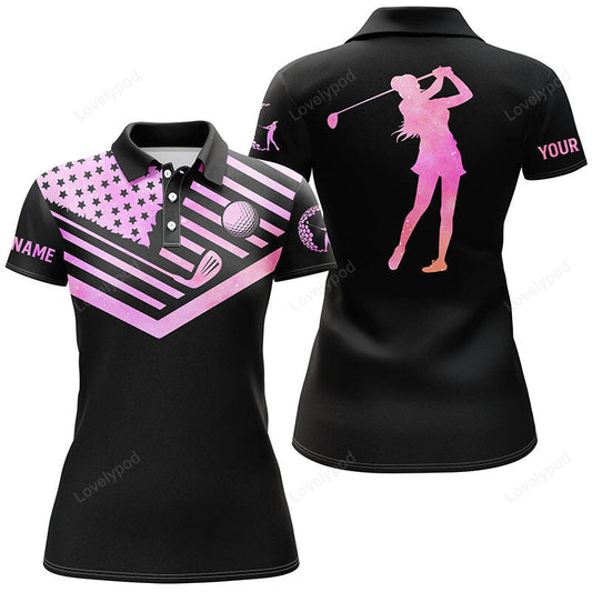 Women golf polo shirt, pink watercolor american flag custom black golf shirt GY3652