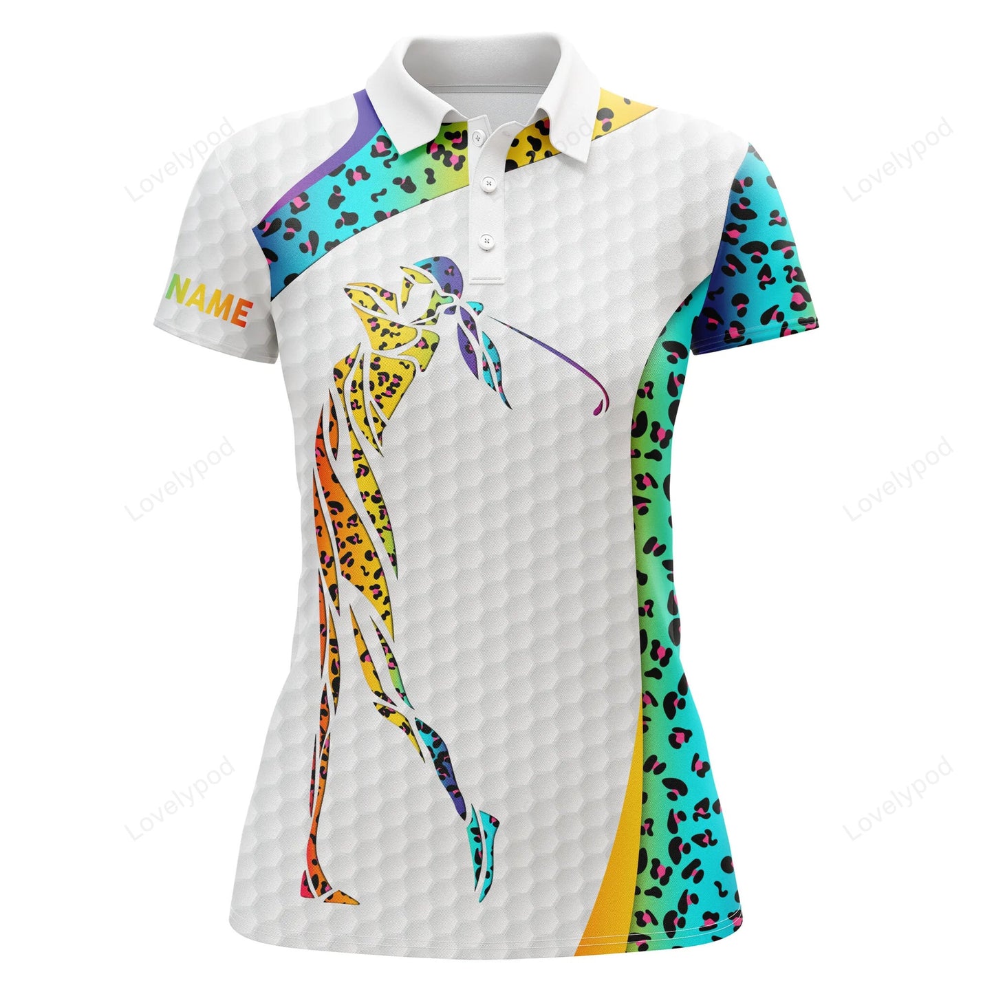 Rainbow neon leopard pattern golf white women golf polo shirts, custom name golf gifts for women GY3653