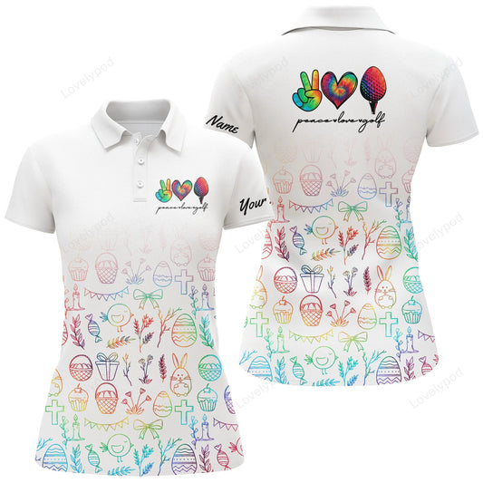 Women golf polo shirts custom watercolor peace love golf, personalized easter golf shirt for women GY3656