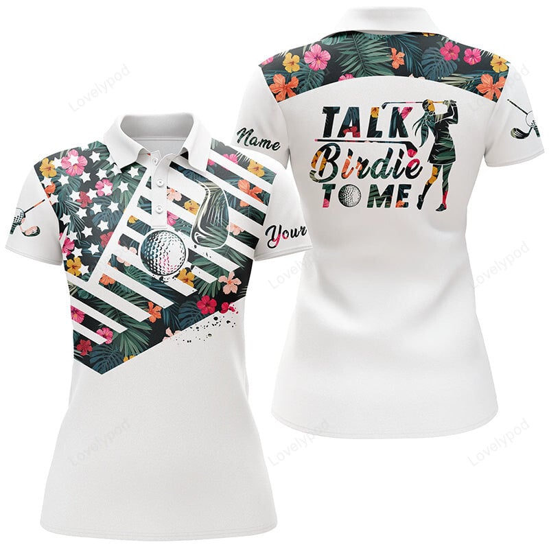 American flag patriotic women polo shirt, custom tropical flower talk birdie to me golf shirts GY3657