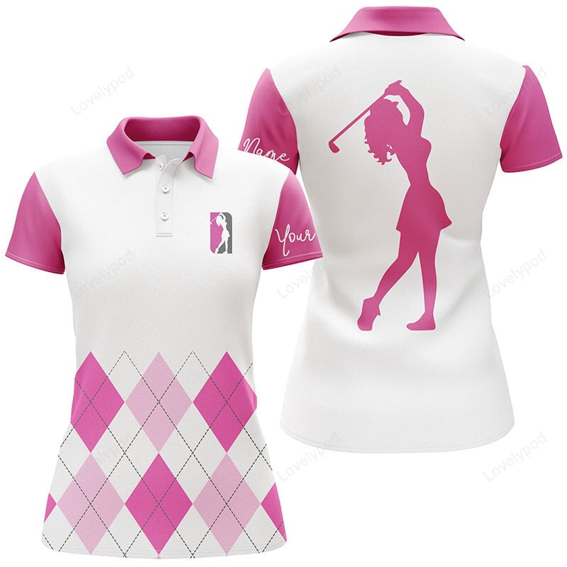 Women golf polo shirt, custom pink argyle plaid golf top for ladies GY3660