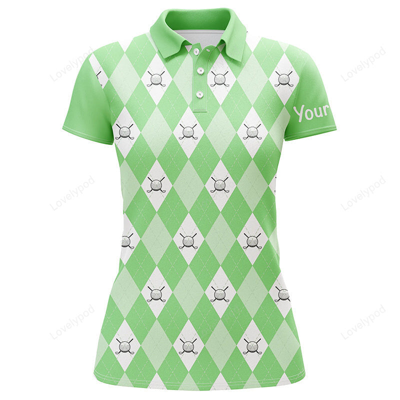 Green argyle plaid pattern women golf polos shirts, custom golf shirts for women, ladies golf polo GY3661