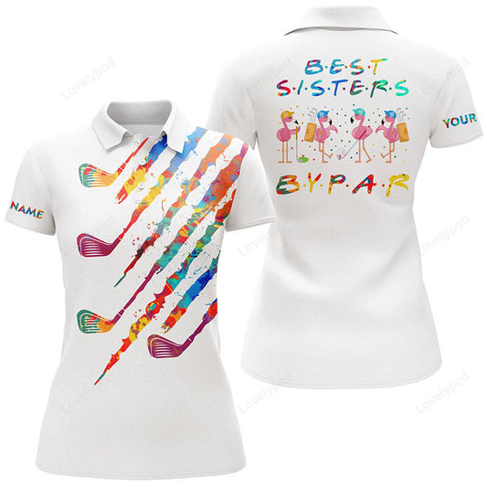 Women golf polo shirts, custom watercolors golf clubs best sister by par flamingo ladies golf tops GY3663