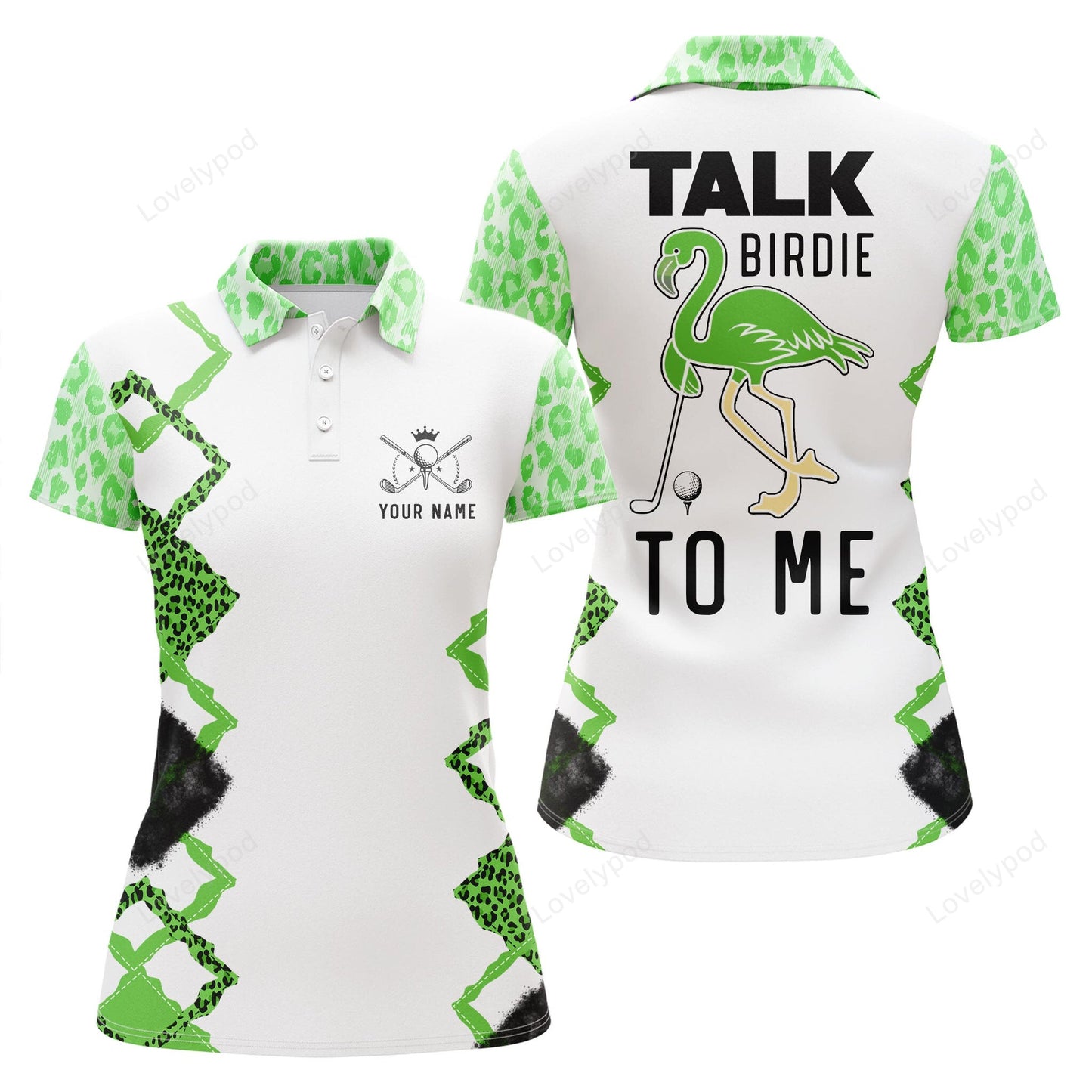 Funny green leopard women golf polo shirt, talk birdie to me custom name green flamingo golf shirts GY3665