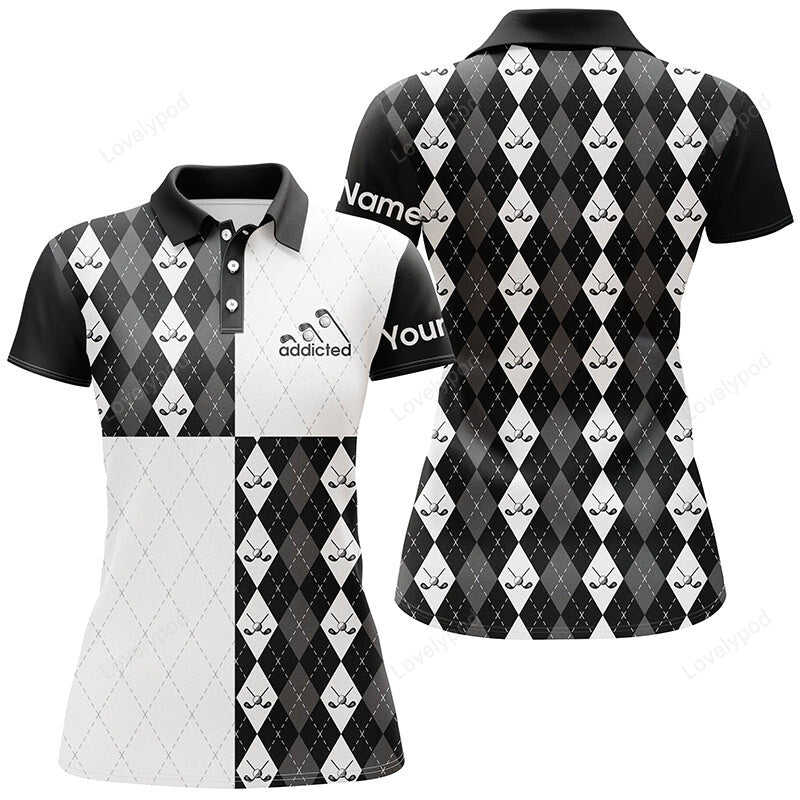 Golf addicted women golf polo shirts, custom name black and white golf ball clubs argyle plaid pattern GY3667