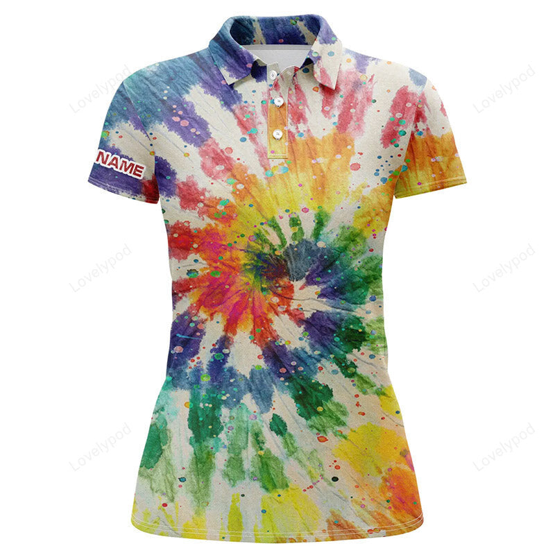 Women golf polo shirts with colorful tie dye background, custom name team golf tops for women GY3672