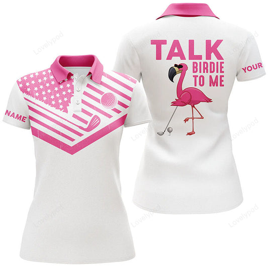 Funny women golf polo shirt, custom american flag pink flamingo golf shirts talk birdie to me GY3673